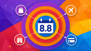 promoção 8.8 milhas Gráfico abstrato com data 8.8 cercada por anéis coloridos representando programas de fidelidade e ícones de compras.