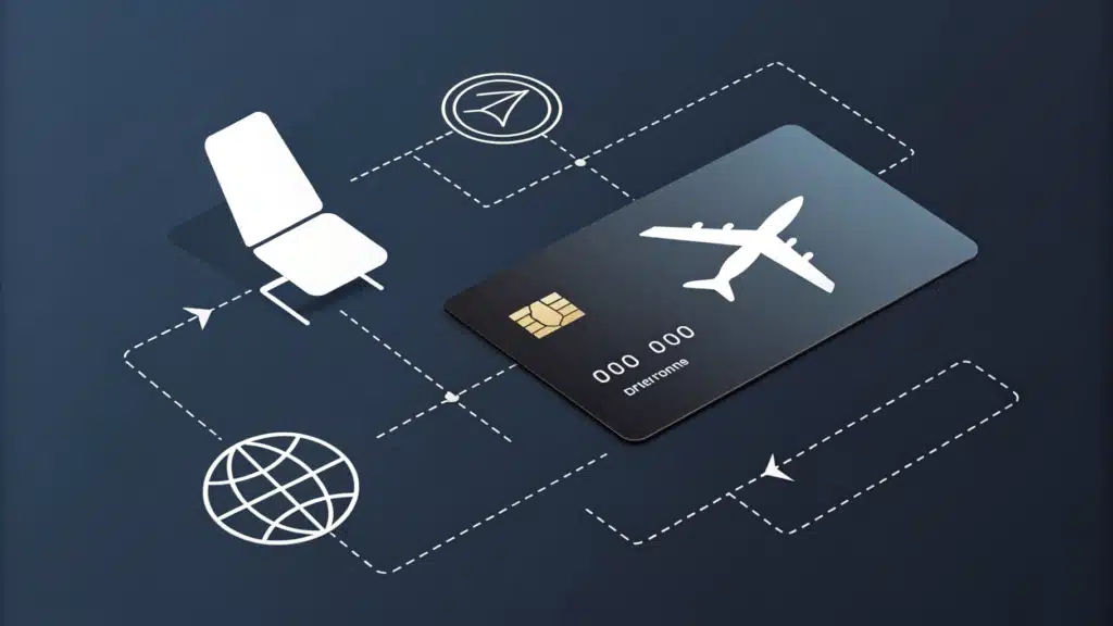 Revolut Ultra no Brasil Cartão metálico em perspectiva 3D à direita, com ícones minimalistas (avião, poltrona de lounge, globo) conectados por linhas finas formando um diagrama de fluxo. Fundo em gradiente de cinza chumbo.