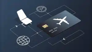 Revolut Ultra no Brasil Cartão metálico em perspectiva 3D à direita, com ícones minimalistas (avião, poltrona de lounge, globo) conectados por linhas finas formando um diagrama de fluxo. Fundo em gradiente de cinza chumbo.