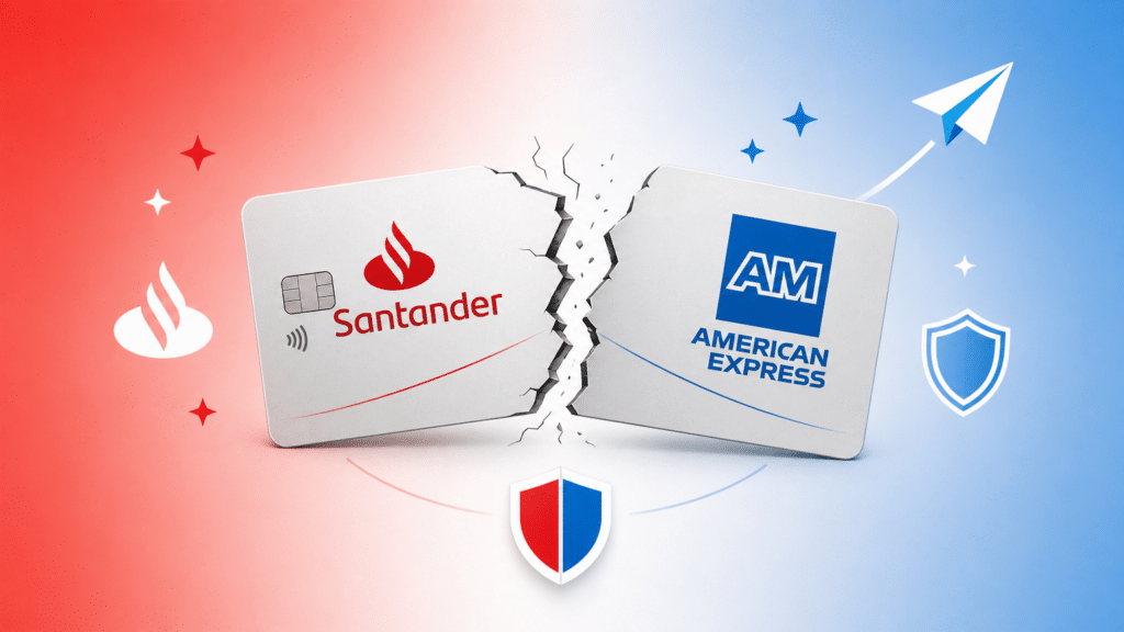 Ilustração mostra cartão de crédito rompido ao meio com logos de Santander e American Express em cada metade, simbolizando o fim da parceria, com ícones de pontos e milhas preservados ao redor