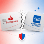 Ilustração mostra cartão de crédito rompido ao meio com logos de Santander e American Express em cada metade, simbolizando o fim da parceria, com ícones de pontos e milhas preservados ao redor