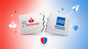 Ilustração mostra cartão de crédito rompido ao meio com logos de Santander e American Express em cada metade, simbolizando o fim da parceria, com ícones de pontos e milhas preservados ao redor