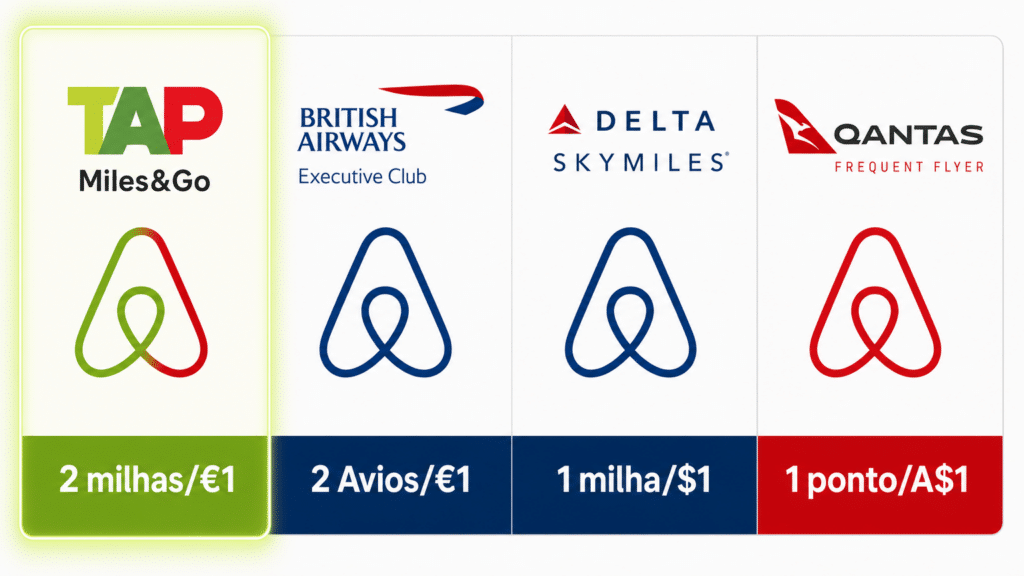 Infográfico comparando as taxas de acúmulo de milhas no Airbnb entre TAP, British Airways, Delta e Qantas