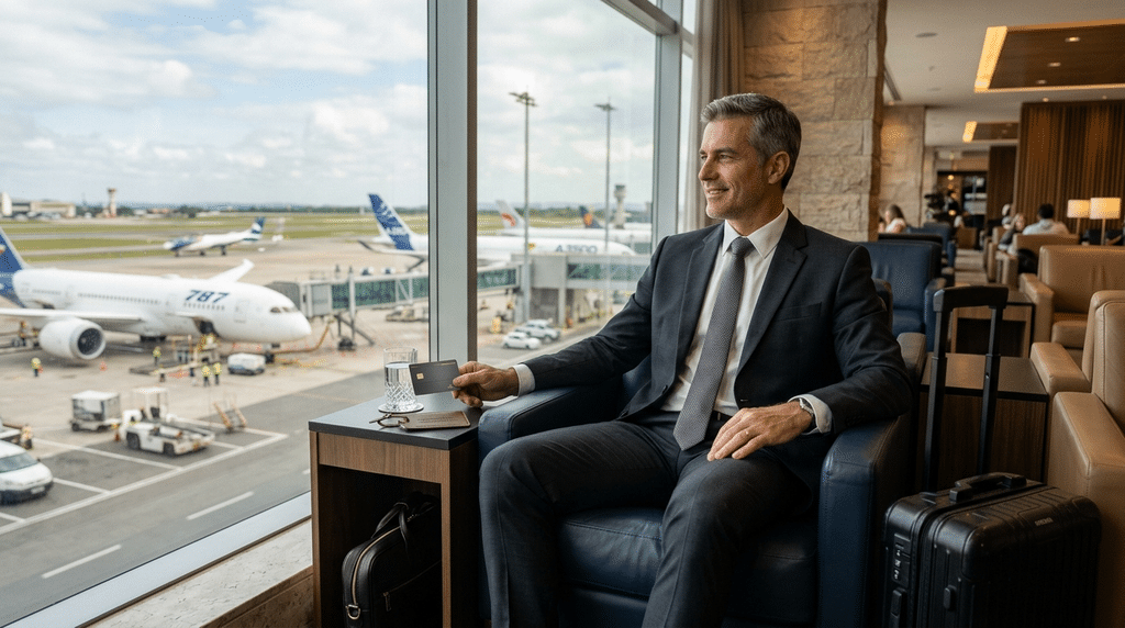 Visa Infinite Private viajante executivo em lounge premium de aeroporto, segurando um cartão de crédito escuro e elegante, com vista para o pátio de embarque ao fundo. Tons de azul-escuro e dourado, transmitindo exclusividade e conforto