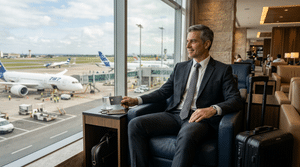 Visa Infinite Private viajante executivo em lounge premium de aeroporto, segurando um cartão de crédito escuro e elegante, com vista para o pátio de embarque ao fundo. Tons de azul-escuro e dourado, transmitindo exclusividade e conforto