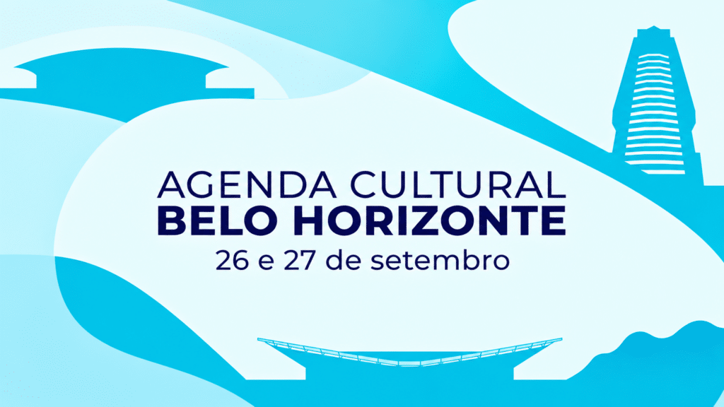 Composição gráfica abstrata nas cores azul turquesa e azul marinho da marca Trota Mundos, com o texto AGENDA CULTURAL, BELO HORIZONTE e as datas 26 e 27 de setembro.
