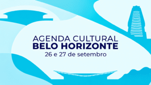 Composição gráfica abstrata nas cores azul turquesa e azul marinho da marca Trota Mundos, com o texto AGENDA CULTURAL, BELO HORIZONTE e as datas 26 e 27 de setembro.