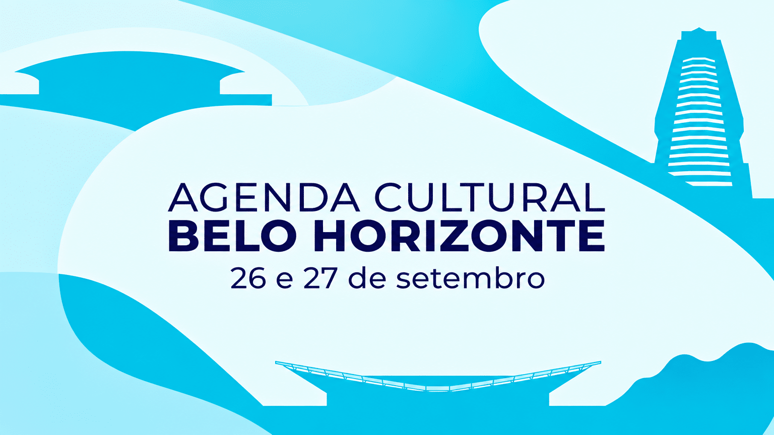 Composição gráfica abstrata nas cores azul turquesa e azul marinho da marca Trota Mundos, com o texto AGENDA CULTURAL, BELO HORIZONTE e as datas 26 e 27 de setembro.
