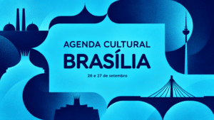 Arte gráfica nas cores azul turquesa e azul marinho do Trota Mundos, com ícones de Brasília e o texto AGENDA CULTURAL BRASÍLIA, 26 e 27 de setembro