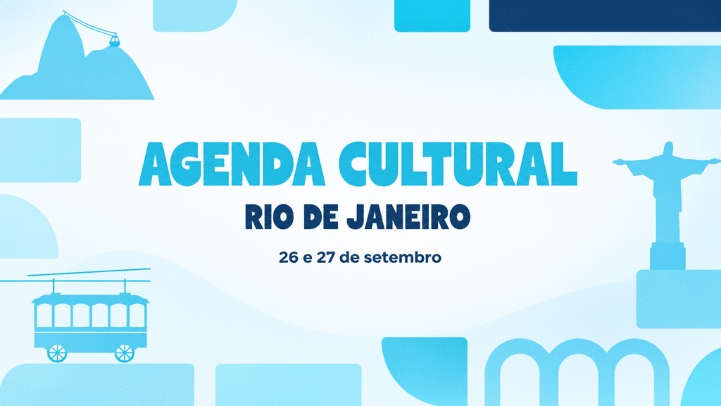 Banner gráfico nas cores oficiais da Trota Mundos anunciando a agenda cultural do Rio de Janeiro