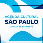 Arte gráfica da agenda cultural de São Paulo nas cores oficiais do Trota Mundos, com ícones da cidade centralizados e o texto "AGENDA CULTURAL SÃO PAULO"