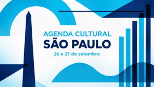 Arte gráfica da agenda cultural de São Paulo nas cores oficiais do Trota Mundos, com ícones da cidade centralizados e o texto "AGENDA CULTURAL SÃO PAULO"