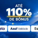Composição gráfica em fundo azul com asa de avião estilizada em pontos, o destaque "Até 110% de bônus" em três linhas e as marcas Azul Fidelidade, livelo e esfera na base