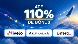 Composição gráfica em fundo azul com asa de avião estilizada em pontos, o destaque "Até 110% de bônus" em três linhas e as marcas Azul Fidelidade, livelo e esfera na base