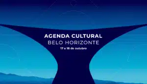 Composição gráfica com a silhueta da Igrejinha da Pampulha e o texto AGENDA CULTURAL BELO HORIZONTE 17 e 18 de outubro
