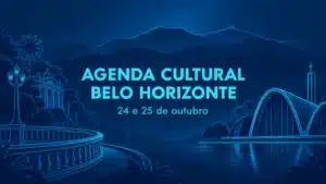 Composição abstrata em tons de azul com marcos de Belo Horizonte e o texto Agenda Cultural, 24 e 25 de outubro.