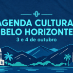 Peça gráfica em azul ciano e azul marinho — cores da marca Trota Mundos — com silhuetas de Belo Horizonte e o texto 'AGENDA CULTURAL BELO HORIZONTE 3 e 4 de outubro'.