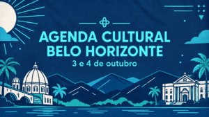 Peça gráfica em azul ciano e azul marinho — cores da marca Trota Mundos — com silhuetas de Belo Horizonte e o texto 'AGENDA CULTURAL BELO HORIZONTE 3 e 4 de outubro'.