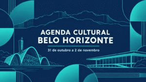 Arte gráfica abstrata em azul ciano e azul marinho com formas geométricas e silhuetas da Igrejinha da Pampulha e do edifício Niemeyer, e o texto "Agenda Cultural — Belo Horizonte, 31 de outubro a 2 de novembro".