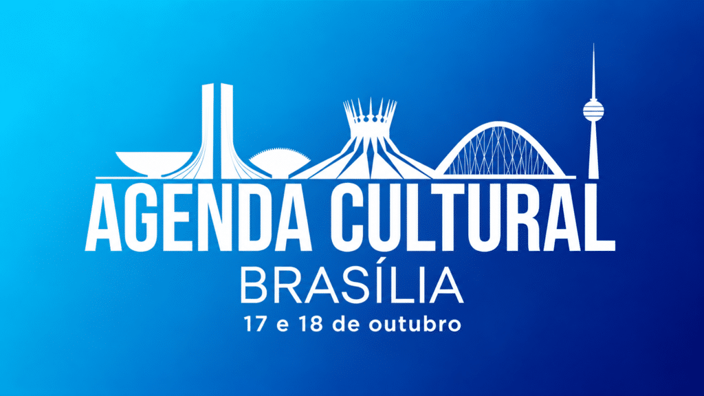 Arte abstrata nas cores ciano e azul-marinho da marca, com silhuetas de Brasília e o texto "AGENDA CULTURAL BRASÍLIA" sobre as datas 17 e 18 de outubro