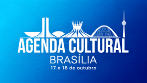Arte abstrata nas cores ciano e azul-marinho da marca, com silhuetas de Brasília e o texto "AGENDA CULTURAL BRASÍLIA" sobre as datas 17 e 18 de outubro