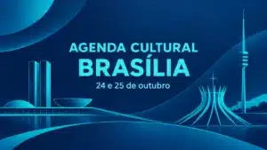Composição gráfica com monumentos de Brasília anunciando a agenda cultural de 24 e 25 de outubro