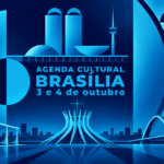 Pôster gráfico da agenda cultural de Brasília nas cores azul-turquesa e azul-marinho da marca, com ícones do Congresso Nacional e da Torre de TV.