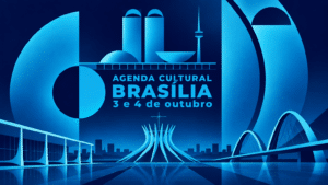 Pôster gráfico da agenda cultural de Brasília nas cores azul-turquesa e azul-marinho da marca, com ícones do Congresso Nacional e da Torre de TV.