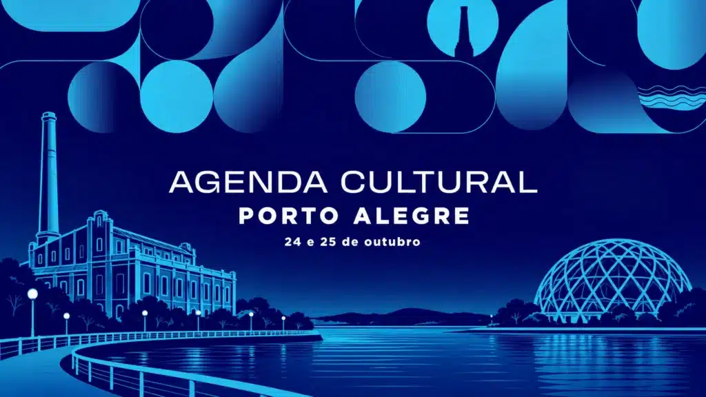 Peça gráfica em azul turquesa e marinho da agenda cultural de Porto Alegre, 24 e 25 de outubro