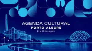 Peça gráfica em azul turquesa e marinho da agenda cultural de Porto Alegre, 24 e 25 de outubro