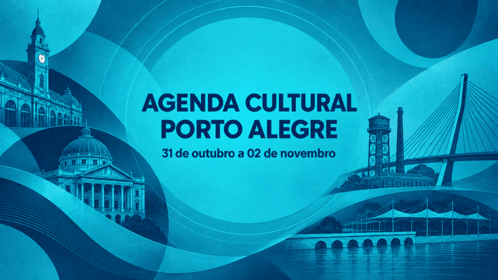 Composição gráfica abstrata nas cores azul ciano e azul marinho do Trota Mundos, com ícones estilizados de Porto Alegre e o texto Agenda Cultural Porto Alegre, 31 de outubro a 02 de novembro.