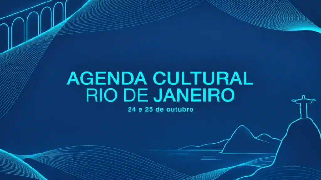 Composição gráfica em azul turquesa e marinho com ícones do Rio de Janeiro, agenda cultural de 24 e 25 de outubro.