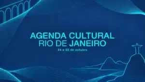 Composição gráfica em azul turquesa e marinho com ícones do Rio de Janeiro, agenda cultural de 24 e 25 de outubro.