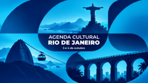 Arte gráfica abstrata nas cores azul e ciano do Trota Mundos com ícones do Rio e o texto Agenda Cultural Rio de Janeiro