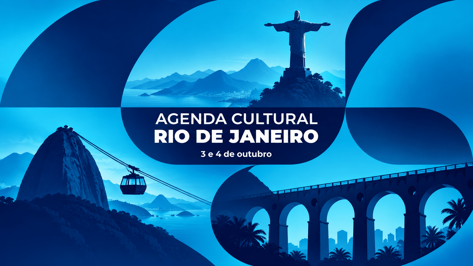 Arte gráfica abstrata nas cores azul e ciano do Trota Mundos com ícones do Rio e o texto Agenda Cultural Rio de Janeiro