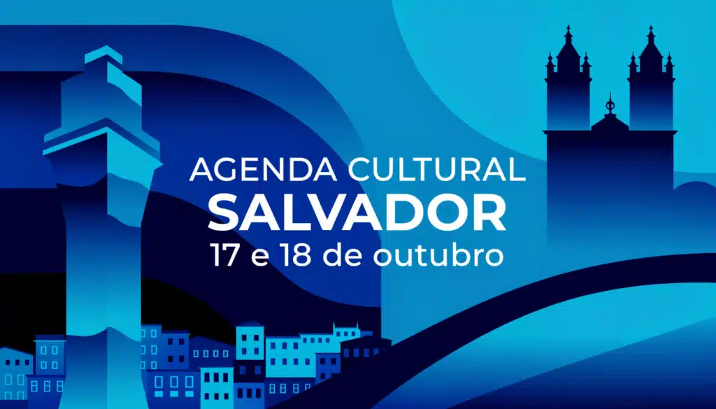 Card da agenda cultural de Salvador nas cores oficiais do Trota Mundos, com silhuetas da cidade e o texto AGENDA CULTURAL SALVADOR.