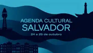 Arte gráfica em azul turquesa e marinho com ícones estilizados de Salvador e o texto "Agenda Cultural Salvador — 24 e 25 de outubro".