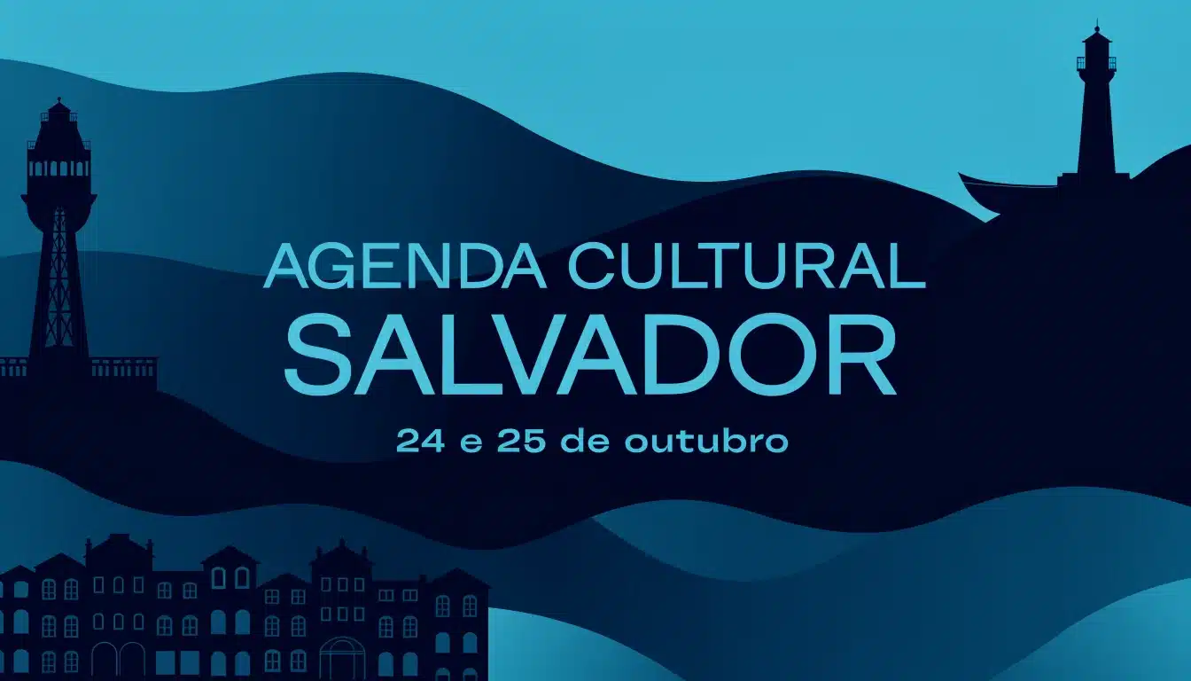 Arte gráfica em azul turquesa e marinho com ícones estilizados de Salvador e o texto "Agenda Cultural Salvador — 24 e 25 de outubro".