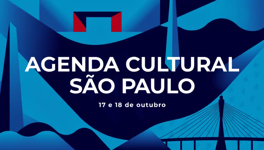 Composição abstrata nas cores azul turquesa e azul marinho do Trota Mundos com referências de São Paulo e o texto 'Agenda Cultural São Paulo 17 e 18 de outubro'