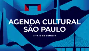 Composição abstrata nas cores azul turquesa e azul marinho do Trota Mundos com referências de São Paulo e o texto 'Agenda Cultural São Paulo 17 e 18 de outubro'