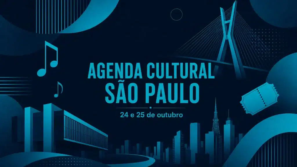 Arte abstrata nas cores do Trota Mundos com o skyline de São Paulo e o texto Agenda Cultural São Paulo, 24 e 25 de outubro.