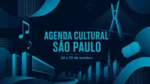 Arte abstrata nas cores do Trota Mundos com o skyline de São Paulo e o texto Agenda Cultural São Paulo, 24 e 25 de outubro.