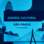Arte abstrata em azul ciano e azul marinho com ícones de São Paulo e o texto "AGENDA CULTURAL SÃO PAULO, 3 e 4 de outubro".