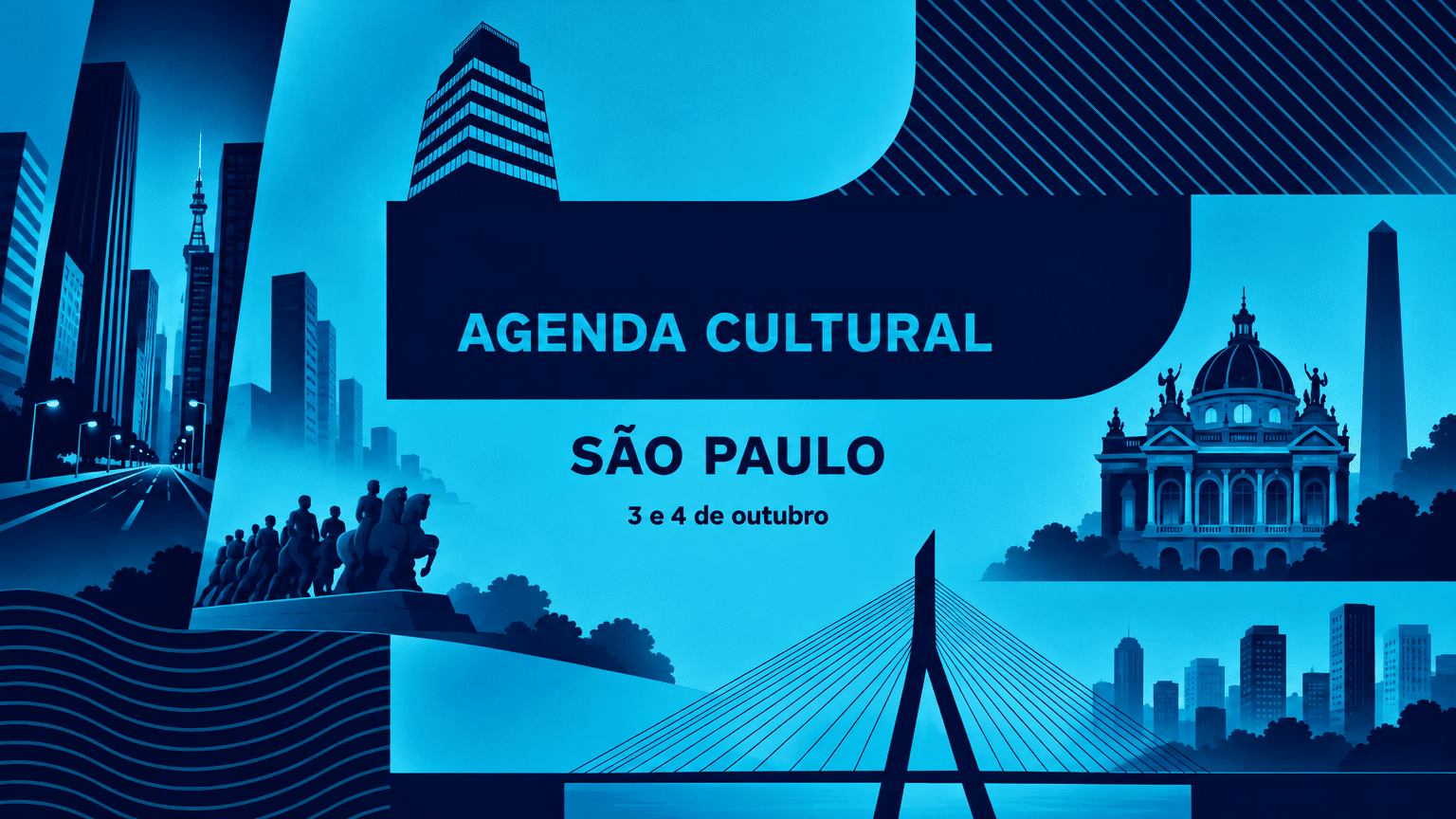 Arte abstrata em azul ciano e azul marinho com ícones de São Paulo e o texto "AGENDA CULTURAL SÃO PAULO, 3 e 4 de outubro".