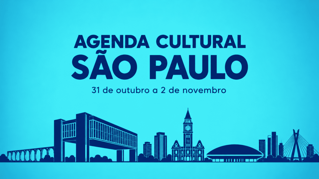 Arte abstrata em azul turquesa e marinho com ícones de São Paulo e o texto "Agenda Cultural São Paulo".