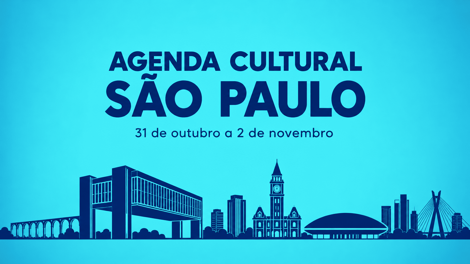 Arte abstrata em azul turquesa e marinho com ícones de São Paulo e o texto "Agenda Cultural São Paulo".