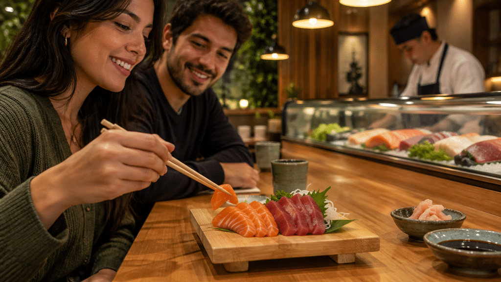 Clientes em balcão de restaurante japonês degustando sashimis de salmão e atum antes das demais peças, com gari e shoyu ao lado.