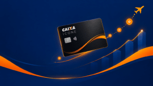 Ilustração abstrata do cartão CAIXA Ícone com trajetória ascendente de pontos e avião, nas cores azul e laranja.