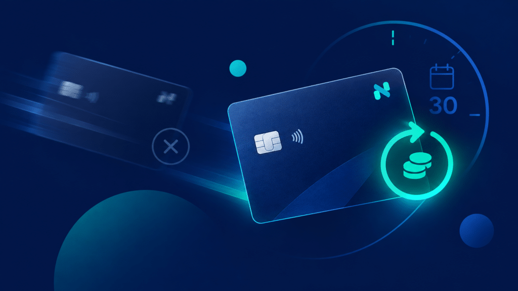 Ilustração de cartões Nomad com cashback e aviso de cancelamento em 30 dias