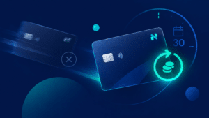 Ilustração de cartões Nomad com cashback e aviso de cancelamento em 30 dias